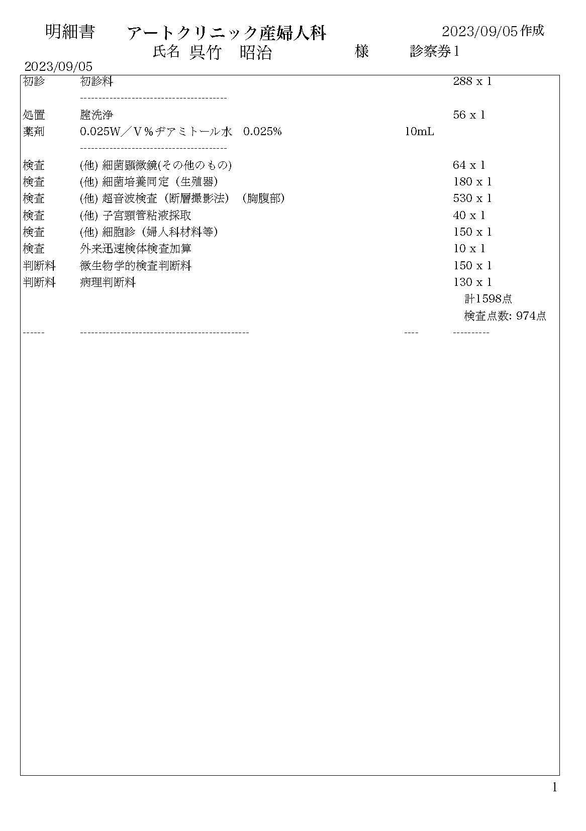 アートクリニック産婦人科　初診会計明細書